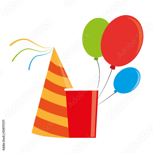 color silhouette with party hat and balloons and disposable cup vector illustration