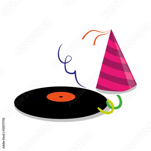 color silhouette with vinyl lp and party hat vector illustration
