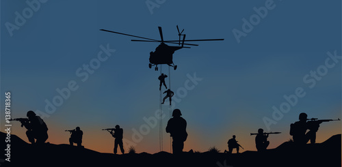 Illustration, the soldiers going to attack and helicopters.