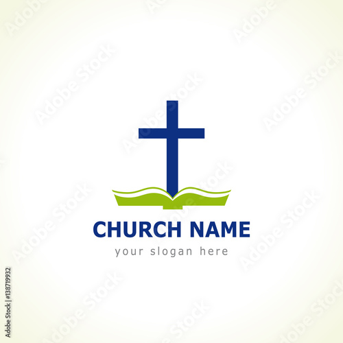 Christian church vector logo. Blue colored crucifixion, open green book with cover and pages. Religious educational symbol. Bible learning and teaching class.