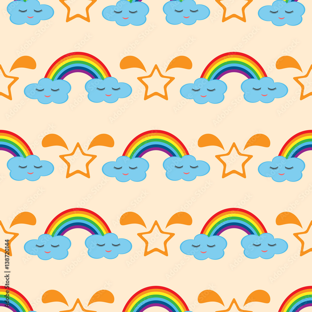 Rainbow, clouds with eyes and smile, silhouette stars. Seamless pattern. Rainbow, clouds with eyes and smile, silhouette stars. Seamless pattern.