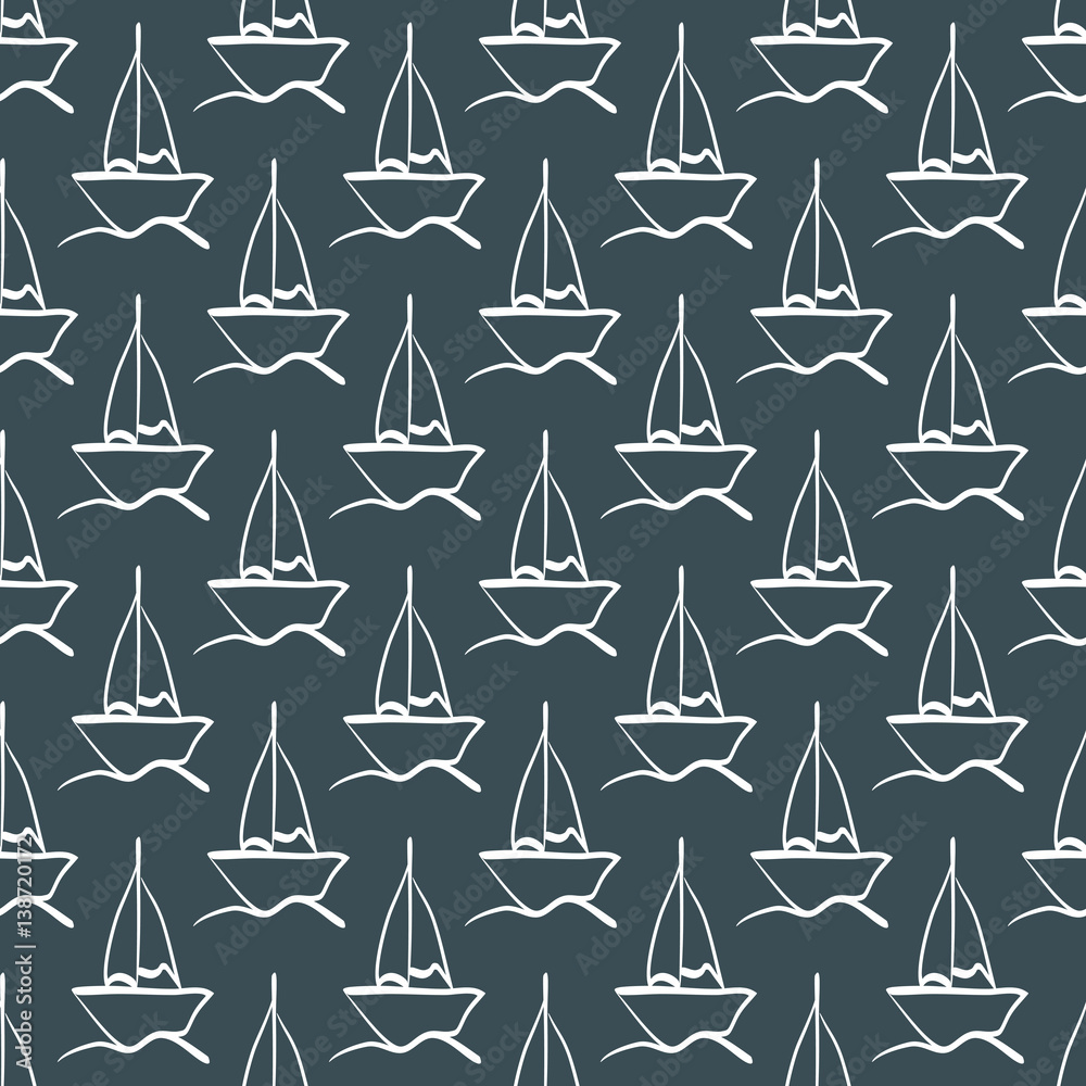 Repeated sketch of the hand of a sailboat on the waves. Seamless pattern. Repeated sketch of the hand of a sailboat on the waves. Seamless pattern.
