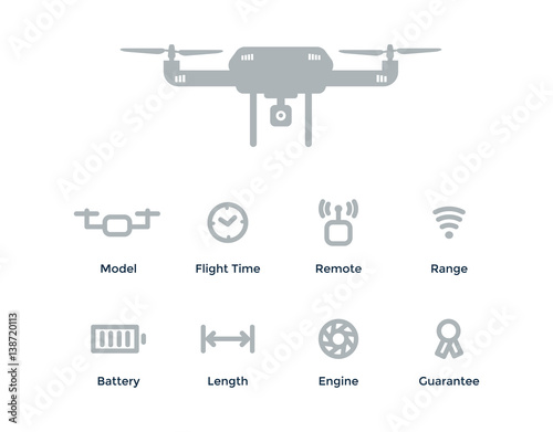 Vector Quadrocopter concept outline objects with drone, flight time, remote, range, battery, length, engine, guarantee.