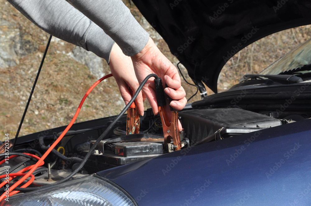 Cables for switching the battery on the car, recharging battery on the road. Start engine.