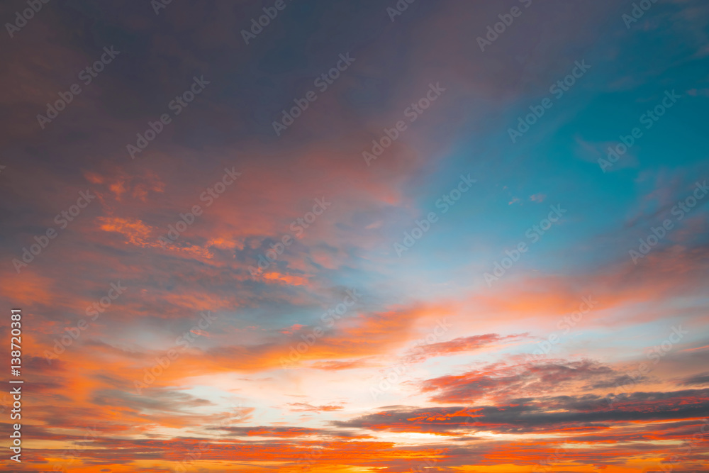 Beautiful color sunset sky for background web design or backdrop design, Sky, Bright Blue, Orange And Yellow Colors Sunset. Instant Photo, Toned Image and color sunset sky