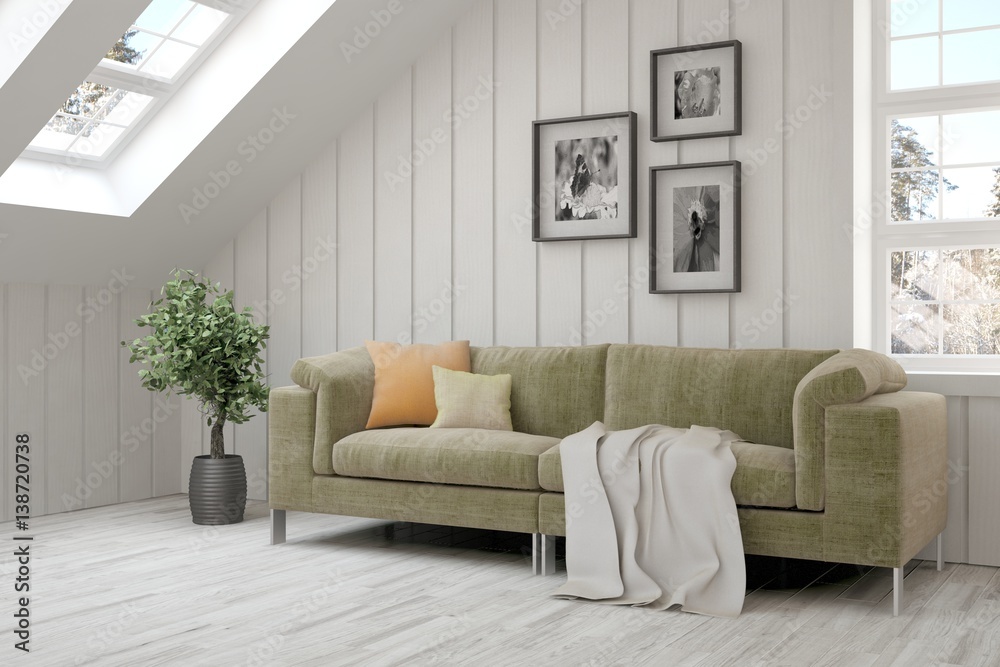 White room with sofa and winter landscape in window. Scandinavian interior design White room with sofa and winter landscape in window. Scandinavian interior design