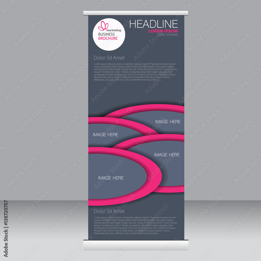 Fototapeta premium Roll up banner stand template. Abstract background for design, business, education, advertisement. Grey and pink color. Vector illustration.