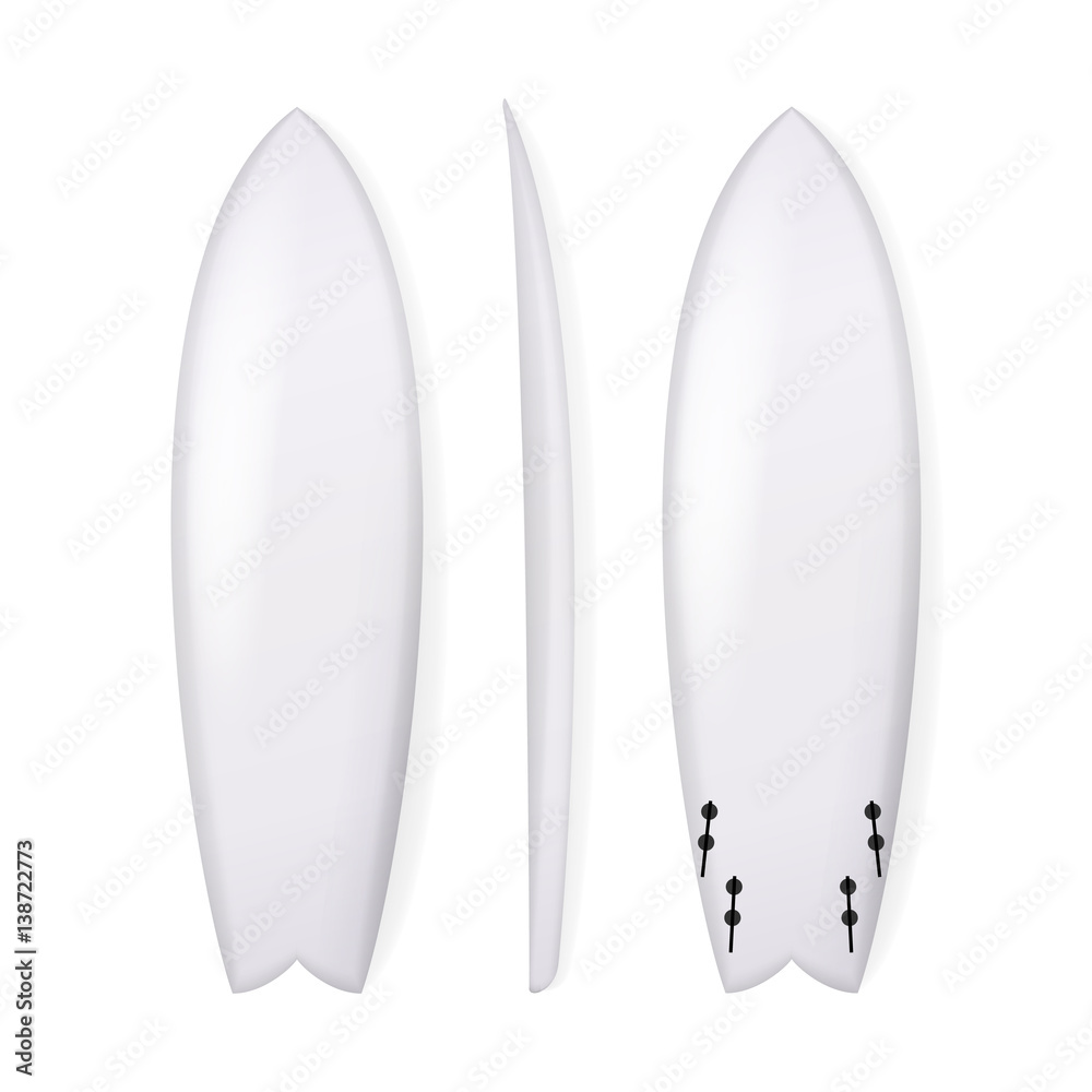 Realistic Surfboard Vector. White Surfing Board Template Isolated On White Background. Realistic Surfboard Vector. White Surfing Board Template Isolated On White Background.