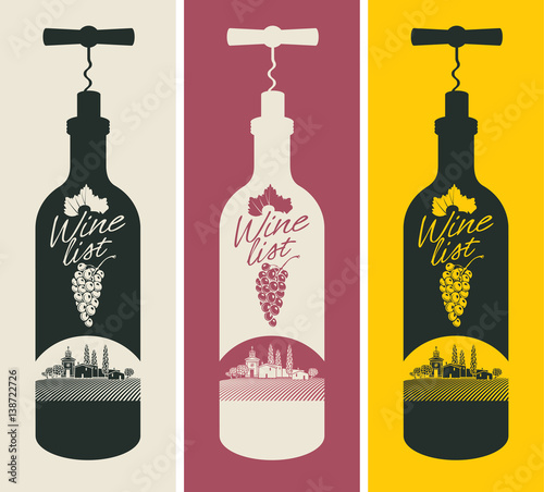 banners set with a bottle of wine with a corkscrew and vineyards, and the church