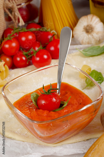 Pasta with tomato sauce and cherry tomatoes