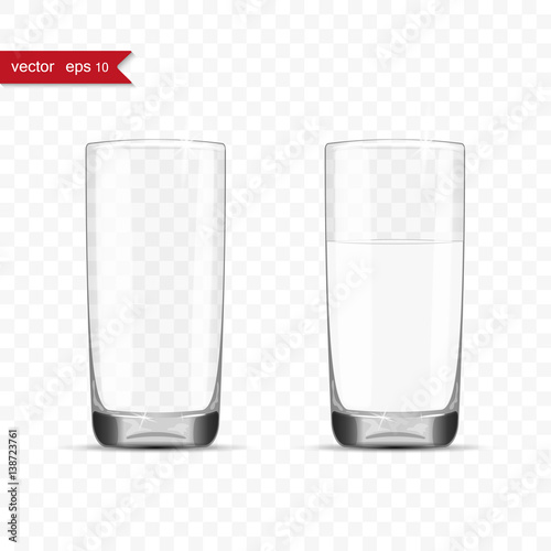 Empty and full glasses of water cup with shadow