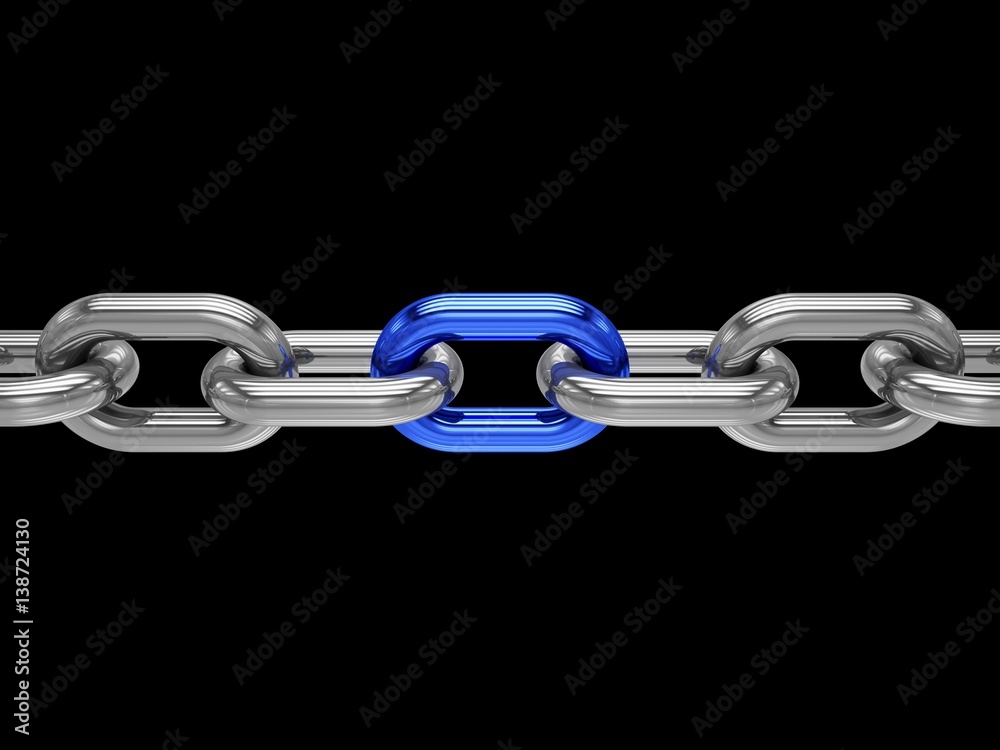 Obraz premium 3D rendering Chain with blue link on black background