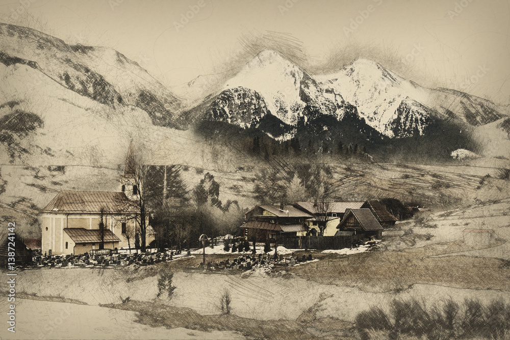 Fototapeta premium Church in Zdiar village with Belianske Tatry, illustration
