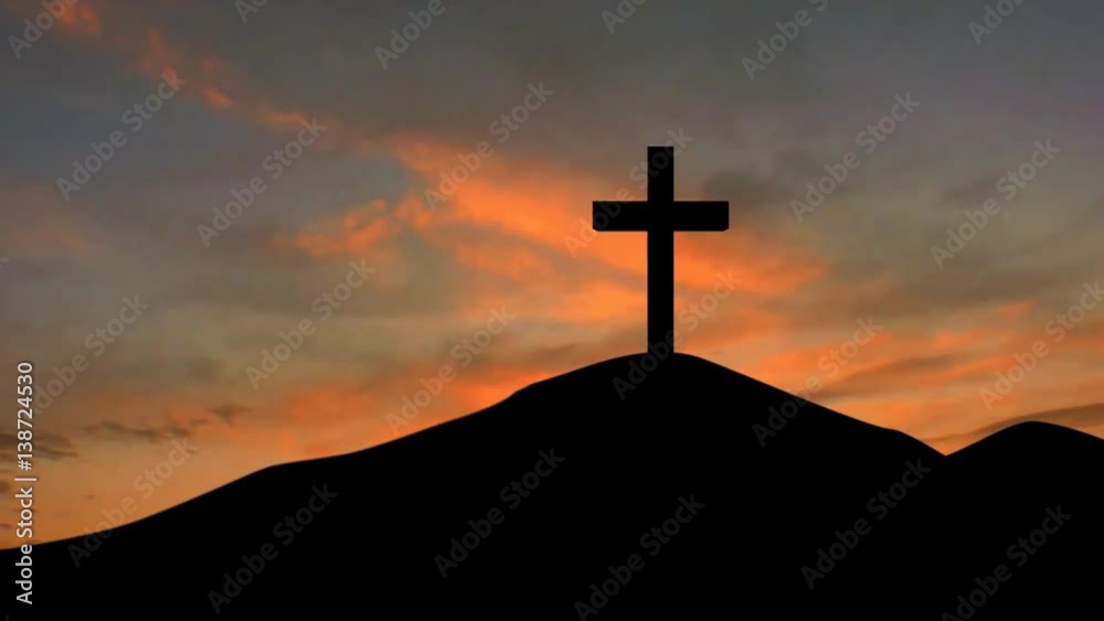 Silhouette of a christian cross on the mountain peak at sunrise time Silhouette of a christian cross on the mountain peak at sunrise time
