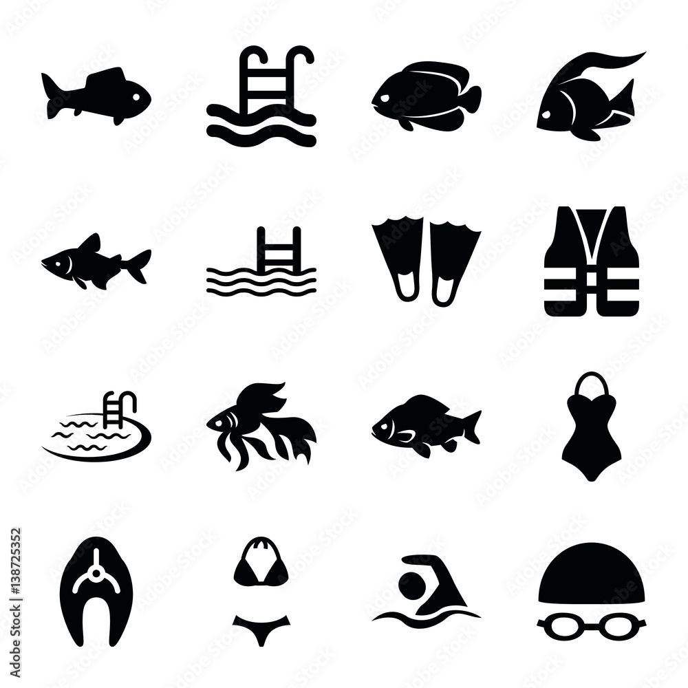 Set of 16 swimming filled icons Set of 16 swimming filled icons