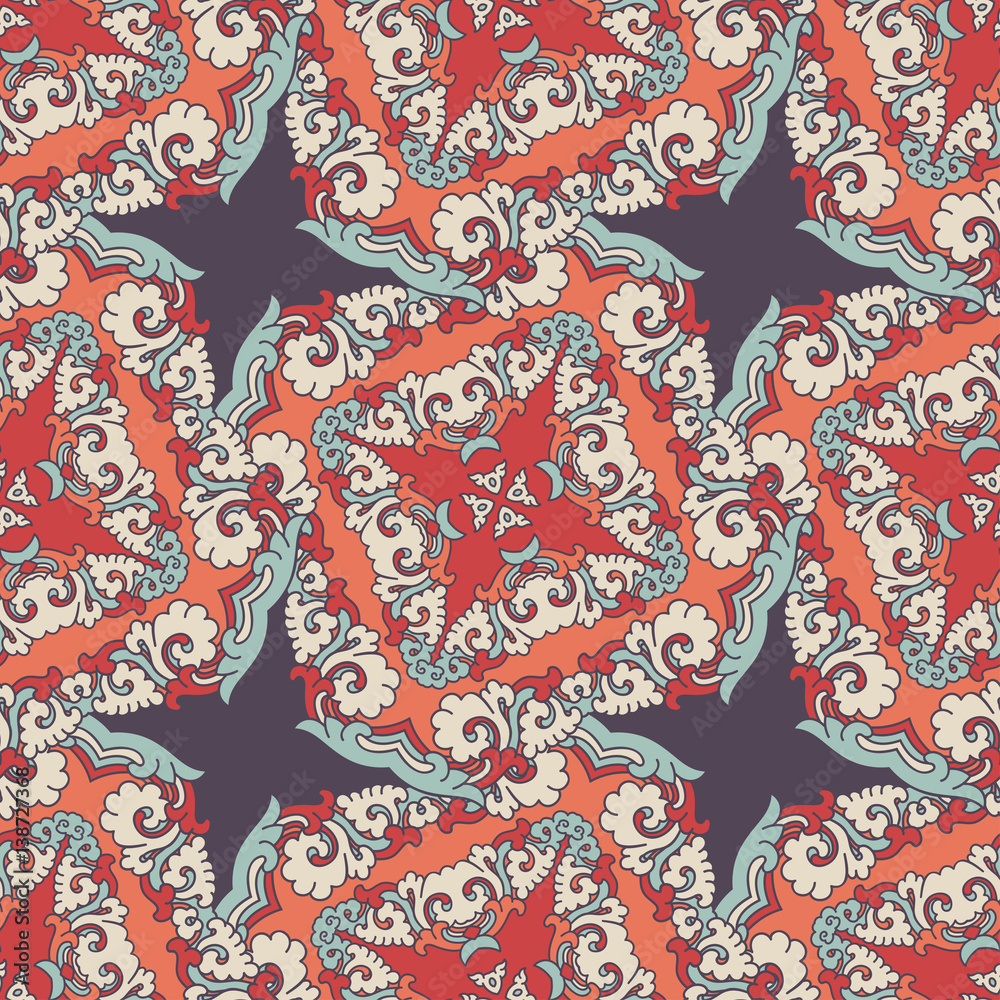 Naklejka premium Seamless pattern texture. Indian, arabic, turkish style elements. Vintage vector card. Hand drawn doodle illustration. Floral pattern