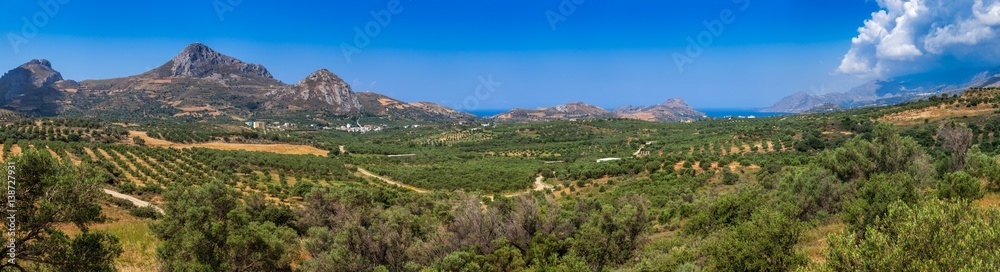 Panoramic view of summer Crete Greek Island near Preveli Lagoon with olive tree plantations mountains and Libyan Sea in background