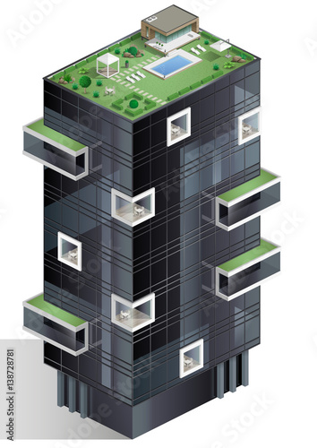 Ecological residential multi-storey complex or hotel. Isometric diagram of vector graphics.