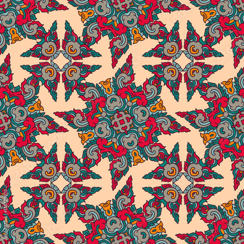 Vector abstract seamless patchwork pattern. Arabic tile texture with geometric and floral ornaments. Decorative elements for textile, book covers, print, gift wrap. Vintage boho style.