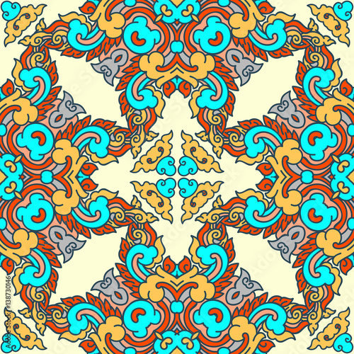 Vector abstract seamless patchwork pattern. Arabic tile texture with geometric and floral ornaments. Decorative elements for textile, book covers, print, gift wrap. Vintage boho style.