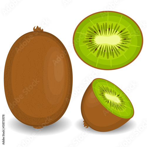 Ripe whole kiwi fruit and half kiwi fruit isolated on white background