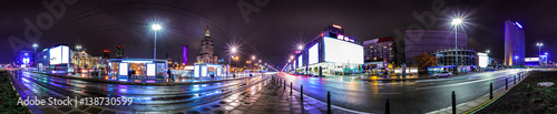 Night skyline of Warsaw with soviet era Palace of Culture and science. 360 degree panoramic montage from 20 images