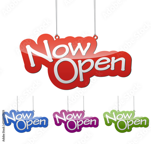 Set vector illustrations isolated tag banner now open in four color variant red, blue, purple and green. This element is wel adapted for web design.