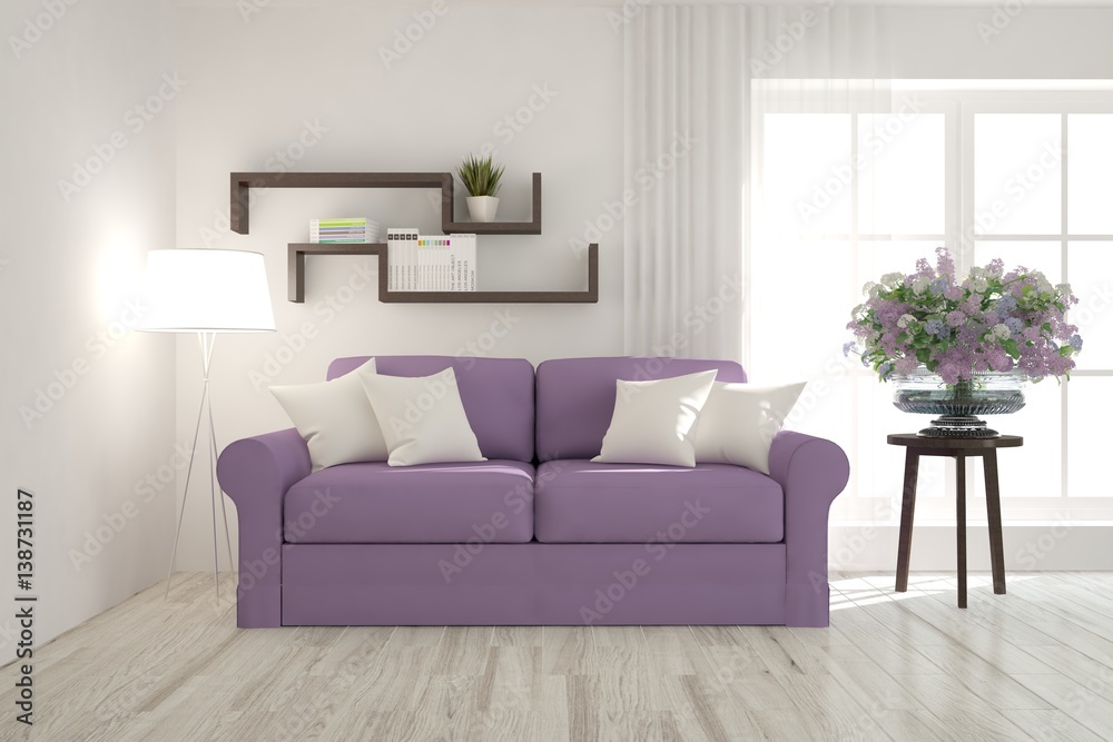 Obraz premium White room with violet sofa. Scandinavian interior design