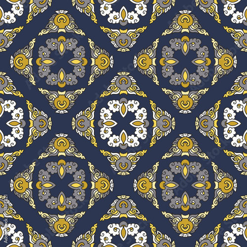 Vector abstract seamless patchwork pattern. Arabic tile texture with geometric and floral ornaments. Decorative elements for textile, book covers, print, gift wrap. Vintage boho style.