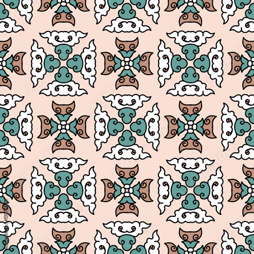 Vector abstract seamless patchwork pattern. Arabic tile texture with geometric and floral ornaments. Decorative elements for textile, book covers, print, gift wrap. Vintage boho style.