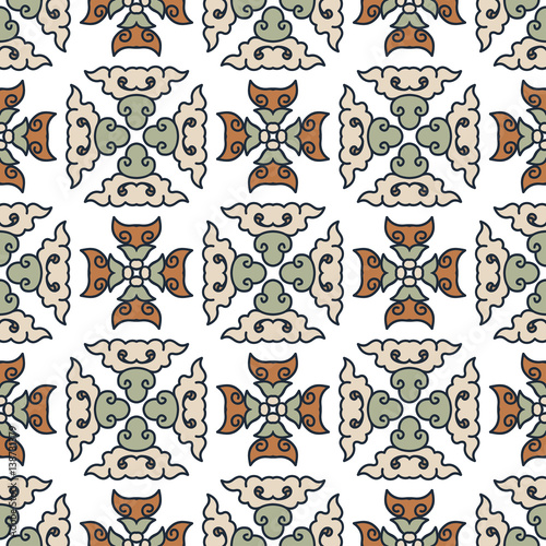 Vector abstract seamless patchwork pattern. Arabic tile texture with geometric and floral ornaments. Decorative elements for textile, book covers, print, gift wrap. Vintage boho style.