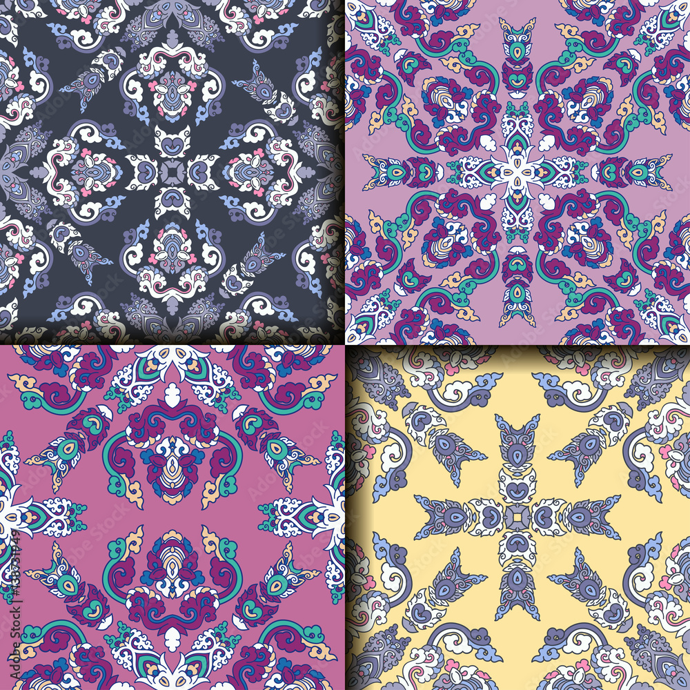 Vector abstract seamless patchwork pattern. Arabic tile texture with geometric and floral ornaments. Decorative elements for textile, book covers, print, gift wrap. Vintage boho style.