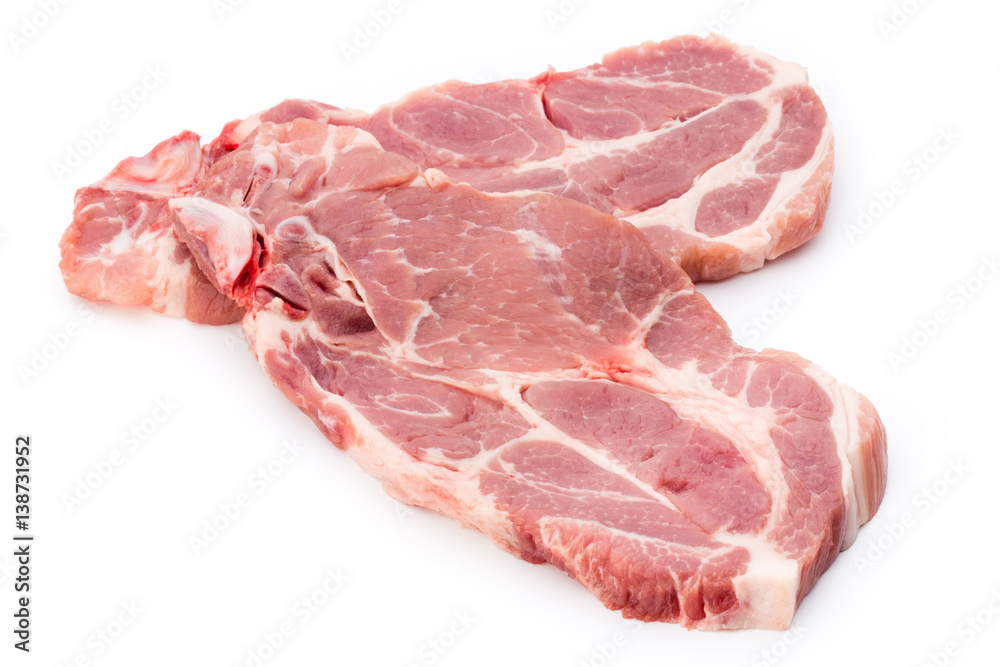 Fresh raw beef steak isolated on white background, top view.