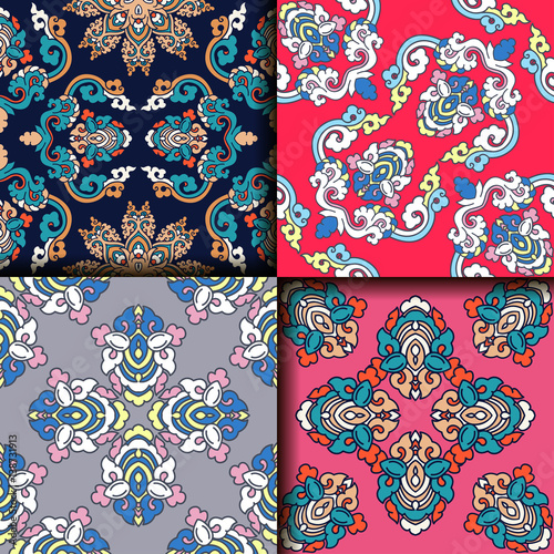 Vector abstract seamless patchwork pattern. Arabic tile texture with geometric and floral ornaments. Decorative elements for textile, book covers, print, gift wrap. Vintage boho style.
