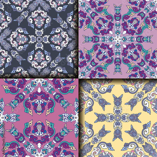 Vector abstract seamless patchwork pattern. Arabic tile texture with geometric and floral ornaments. Decorative elements for textile, book covers, print, gift wrap. Vintage boho style.