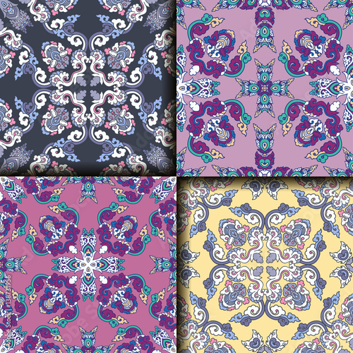Vector abstract seamless patchwork pattern. Arabic tile texture with geometric and floral ornaments. Decorative elements for textile, book covers, print, gift wrap. Vintage boho style.