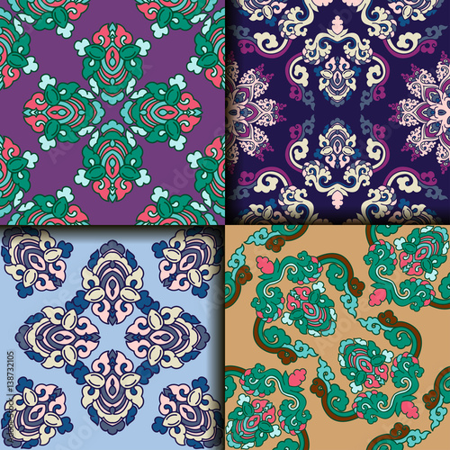 Vector abstract seamless patchwork pattern. Arabic tile texture with geometric and floral ornaments. Decorative elements for textile, book covers, print, gift wrap. Vintage boho style.