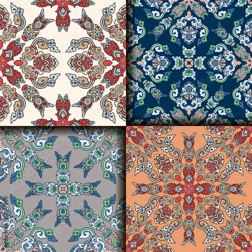 Vector abstract seamless patchwork pattern. Arabic tile texture with geometric and floral ornaments. Decorative elements for textile, book covers, print, gift wrap. Vintage boho style.