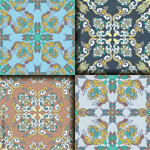 Vector abstract seamless patchwork pattern. Arabic tile texture with geometric and floral ornaments. Decorative elements for textile, book covers, print, gift wrap. Vintage boho style.