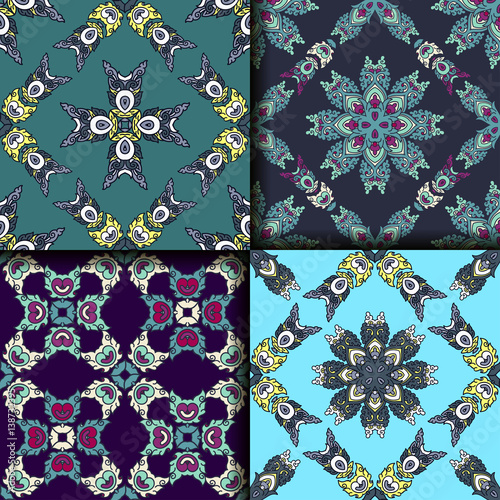 Vector abstract seamless patchwork pattern. Arabic tile texture with geometric and floral ornaments. Decorative elements for textile, book covers, print, gift wrap. Vintage boho style.