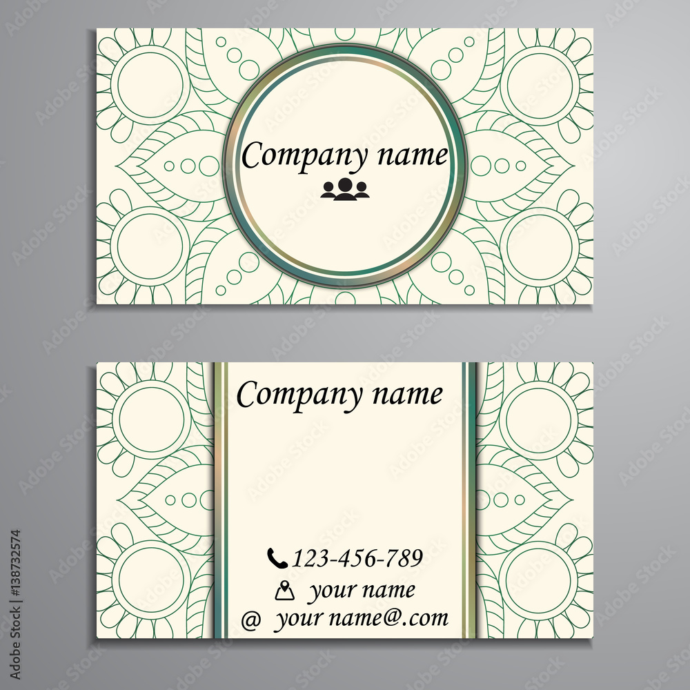 Visiting card and business card set with mandala design element logo. Abstract oriental Layout. Front page and back page Visiting card and business card set with mandala design element logo. Abstract oriental Layout. Front page and back page