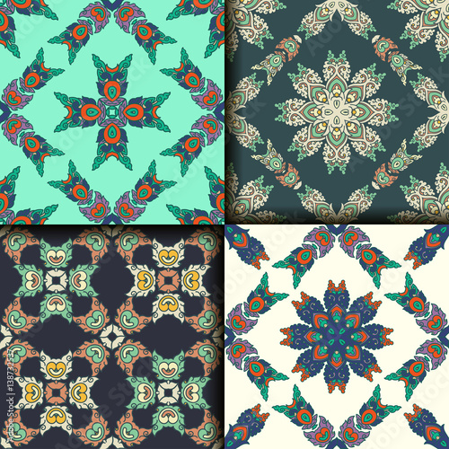 Vector abstract seamless patchwork pattern. Arabic tile texture with geometric and floral ornaments. Decorative elements for textile, book covers, print, gift wrap. Vintage boho style.