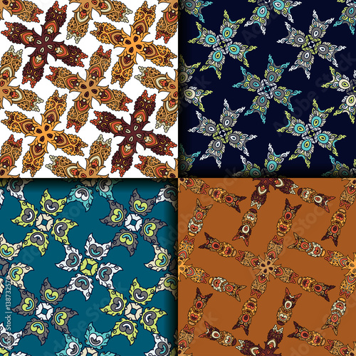 Vector abstract seamless patchwork pattern. Arabic tile texture with geometric and floral ornaments. Decorative elements for textile, book covers, print, gift wrap. Vintage boho style.