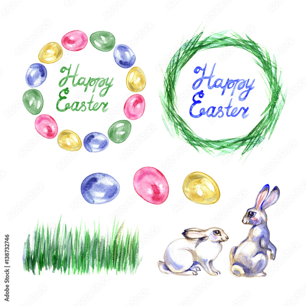 Set, collection of watercolor Easter illustrations, hand drawn isolated on a white background