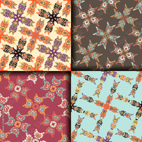 Vector abstract seamless patchwork pattern. Arabic tile texture with geometric and floral ornaments. Decorative elements for textile, book covers, print, gift wrap. Vintage boho style.