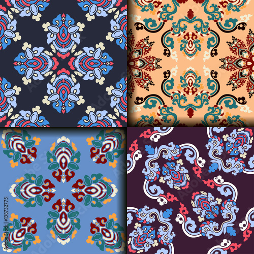 Vector abstract seamless patchwork pattern. Arabic tile texture with geometric and floral ornaments. Decorative elements for textile, book covers, print, gift wrap. Vintage boho style.
