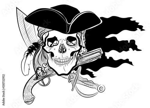 vector skull with a hat cocked hat with a gun musket and sword against the black flag, pirate, pirates black and white sketch for tattoo