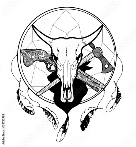 
vector black and white sketch of a tattoo, bull skull cow on the background of Dreamcatcher, an ax and a musket, cowboy and Indian theme on a white background