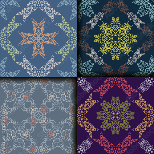 Vector abstract seamless patchwork pattern. Arabic tile texture with geometric and floral ornaments. Decorative elements for textile, book covers, print, gift wrap. Vintage boho style.