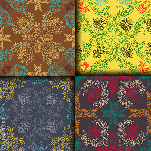 Vector abstract seamless patchwork pattern. Arabic tile texture with geometric and floral ornaments. Decorative elements for textile, book covers, print, gift wrap. Vintage boho style.